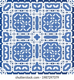 Antique azulejo tiles patchwork. Modern design. Vector seamless pattern texture. Blue spain and portuguese decor for bags, smartphone cases, T-shirts, linens or scrapbooking.
