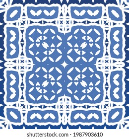 Antique azulejo tiles patchwork. Modern design. Vector seamless pattern texture. Blue spain and portuguese decor for bags, smartphone cases, T-shirts, linens or scrapbooking.