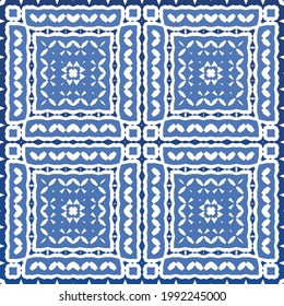 Antique azulejo tiles patchwork. Modern design. Vector seamless pattern texture. Blue spain and portuguese decor for bags, smartphone cases, T-shirts, linens or scrapbooking.