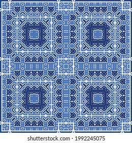 Baldosas de azulejos antiguos. Diseño moderno. Textura de patrón sin fisuras del vector. España azul y decoración portuguesa para bolsas, estuches para smartphones, camisetas, ropa de cama o scrapbooking.