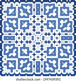 Antique azulejo tiles patchwork. Modern design. Vector seamless pattern texture. Blue spain and portuguese decor for bags, smartphone cases, T-shirts, linens or scrapbooking.