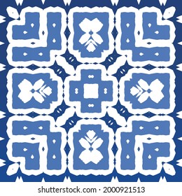 Antique azulejo tiles patchwork. Modern design. Vector seamless pattern texture. Blue spain and portuguese decor for bags, smartphone cases, T-shirts, linens or scrapbooking.