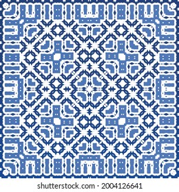 Antique azulejo tiles patchwork. Modern design. Vector seamless pattern texture. Blue spain and portuguese decor for bags, smartphone cases, T-shirts, linens or scrapbooking.