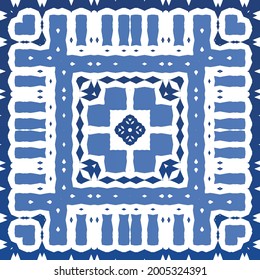 Antique azulejo tiles patchwork. Modern design. Vector seamless pattern texture. Blue spain and portuguese decor for bags, smartphone cases, T-shirts, linens or scrapbooking.