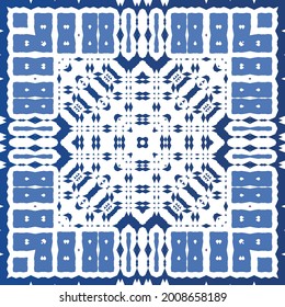Antique azulejo tiles patchwork. Modern design. Vector seamless pattern texture. Blue spain and portuguese decor for bags, smartphone cases, T-shirts, linens or scrapbooking.