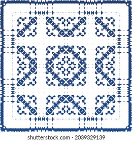 Antique azulejo tiles patchwork. Modern design. Vector seamless pattern texture. Blue spain and portuguese decor for bags, smartphone cases, T-shirts, linens or scrapbooking.