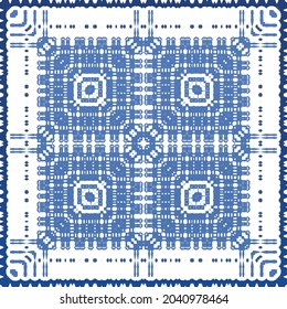 Antique azulejo tiles patchwork. Modern design. Vector seamless pattern texture. Blue spain and portuguese decor for bags, smartphone cases, T-shirts, linens or scrapbooking.