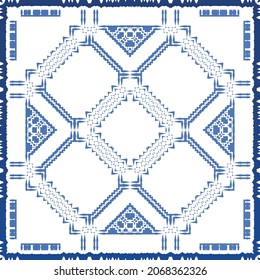 Antique azulejo tiles patchwork. Modern design. Vector seamless pattern texture. Blue spain and portuguese decor for bags, smartphone cases, T-shirts, linens or scrapbooking.