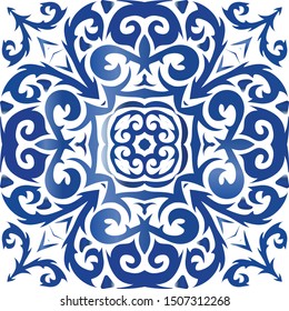 Antique azulejo tiles patchwork. Original design. Vector seamless pattern watercolor. Blue spain and portuguese decor for bags, smartphone cases, T-shirts, linens or scrapbooking.