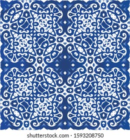 Antique azulejo tiles patchwork. Original design. Vector seamless pattern trellis. Blue spain and portuguese decor for bags, smartphone cases, T-shirts, linens or scrapbooking.