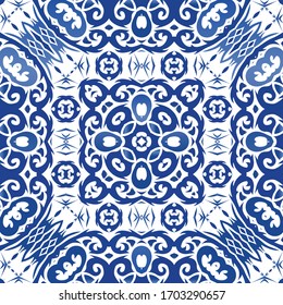 Baldosas de azulejo antiguas. Diseño original. Acuarela de patrón transparente vectorial. Espalda azul y decoración portuguesa para bolsas, estuches para smartphones, pantalones en T, ropa de cama o rayado.