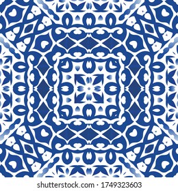 Antique azulejo tiles patchwork. Original design. Vector seamless pattern concept. Blue spain and portuguese decor for bags, smartphone cases, T-shirts, linens or scrapbooking.