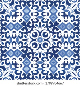 Antique azulejo tiles patchwork. Original design. Vector seamless pattern concept. Blue spain and portuguese decor for bags, smartphone cases, T-shirts, linens or scrapbooking.