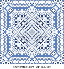 Fliesen-Fliesen-Fliesen aus antiker Azulejo-Zeit. Originelles Design. Vektornahtloses Musterthema. Blauer Spain und portugiesisches Dekor für Taschen, Smartphone-Kisten, T-Shirts, Bettwäsche oder Scrapbooking.