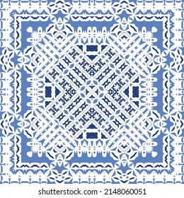 Antique azulejo tiles patchwork. Original design. Vector seamless pattern theme. Blue spain and portuguese decor for bags, smartphone cases, T-shirts, linens or scrapbooking.