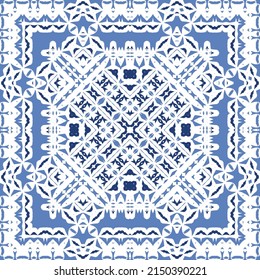 Antique azulejo tiles patchwork. Original design. Vector seamless pattern theme. Blue spain and portuguese decor for bags, smartphone cases, T-shirts, linens or scrapbooking.