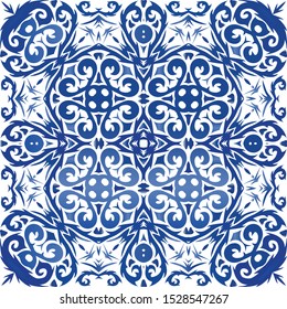Antique azulejo tiles patchwork. Stylish design. Vector seamless pattern illustration. Blue spain and portuguese decor for bags, smartphone cases, T-shirts, linens or scrapbooking.