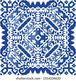 Antique azulejo tiles patchwork. Stylish design. Vector seamless pattern template. Blue spain and portuguese decor for bags, smartphone cases, T-shirts, linens or scrapbooking.