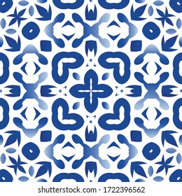 Antique azulejo tiles patchwork. Stylish design. Vector seamless pattern collage. Blue spain and portuguese decor for bags, smartphone cases, T-shirts, linens or scrapbooking.