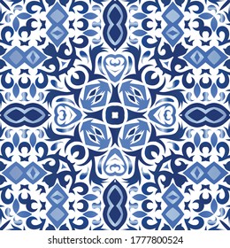 Antique azulejo tiles patchwork. Stylish design. Vector seamless pattern watercolor. Blue spain and portuguese decor for bags, smartphone cases, T-shirts, linens or scrapbooking.