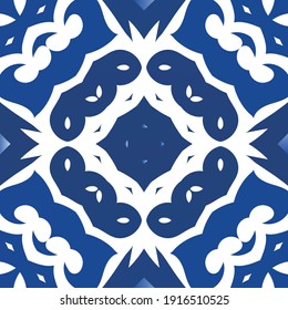 Antique azulejo tiles patchwork. Stylish design. Vector seamless pattern watercolor. Blue spain and portuguese decor for bags, smartphone cases, T-shirts, linens or scrapbooking.
