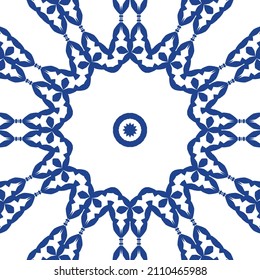 Antique azulejo tiles patchwork. Stylish design. Vector seamless pattern theme. Blue spain and portuguese decor for bags, smartphone cases, T-shirts, linens or scrapbooking.
