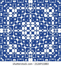 Fliesen-Fliesen-Fliesen aus antiker Azulejo-Zeit. Stilvolles Design. Vektornahtloses Musterthema. Blauer Spain und portugiesisches Dekor für Taschen, Smartphone-Kisten, T-Shirts, Bettwäsche oder Scrapbooking.