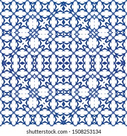 Antique azulejo tiles patchwork. Universal design. Vector seamless pattern watercolor. Blue spain and portuguese decor for bags, smartphone cases, T-shirts, linens or scrapbooking.