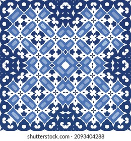 Antique azulejo tiles patchwork. Universal design. Vector seamless pattern template. Blue spain and portuguese decor for bags, smartphone cases, T-shirts, linens or scrapbooking.