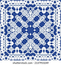 Antique azulejo tiles patchwork. Universal design. Vector seamless pattern elements. Blue spain and portuguese decor for bags, smartphone cases, T-shirts, linens or scrapbooking.