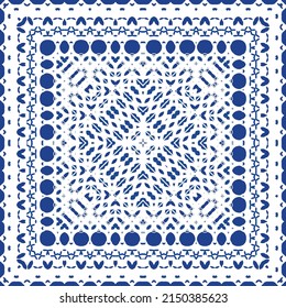 Antique azulejo tiles patchwork. Universal design. Vector seamless pattern elements. Blue spain and portuguese decor for bags, smartphone cases, T-shirts, linens or scrapbooking.