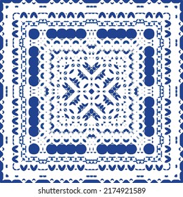 Antique azulejo tiles patchwork. Universal design. Vector seamless pattern elements. Blue spain and portuguese decor for bags, smartphone cases, T-shirts, linens or scrapbooking.