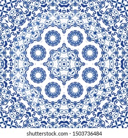 Antique azulejo tiles patchwork. Vector seamless pattern theme. Fashionable design. Blue spain and portuguese decor for bags, smartphone cases, T-shirts, linens or scrapbooking.