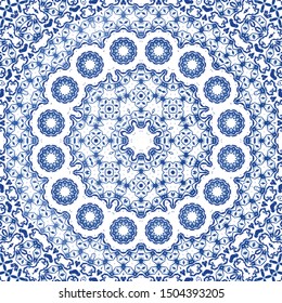 Antique azulejo tiles patchwork. Vector seamless pattern theme. Fashionable design. Blue spain and portuguese decor for bags, smartphone cases, T-shirts, linens or scrapbooking.