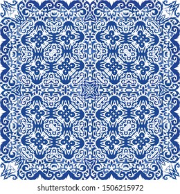 Antique azulejo tiles patchwork. Vector seamless pattern theme. Hand drawn design. Blue spain and portuguese decor for bags, smartphone cases, T-shirts, linens or scrapbooking.