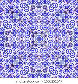 Antique azulejo tiles patchwork. Vector seamless pattern template. Geometric design. Blue spain and portuguese decor for bags, smartphone cases, T-shirts, linens or scrapbooking.