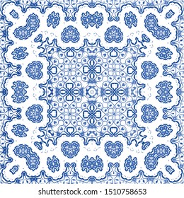 Antique azulejo tiles patchwork. Vector seamless pattern theme. Fashionable design. Blue spain and portuguese decor for bags, smartphone cases, T-shirts, linens or scrapbooking.
