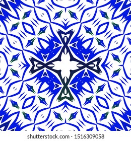 Antique azulejo tiles patchwork. Vector seamless pattern theme. Fashionable design. Blue spain and portuguese decor for bags, smartphone cases, T-shirts, linens or scrapbooking.