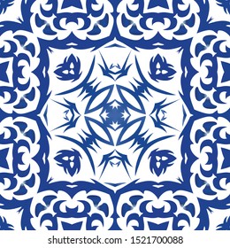Antique azulejo tiles patchwork. Vector seamless pattern poster. Graphic design. Blue spain and portuguese decor for bags, smartphone cases, T-shirts, linens or scrapbooking.