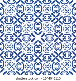 Antique azulejo tiles patchwork. Vector seamless pattern texture. Modern design. Blue spain and portuguese decor for bags, smartphone cases, T-shirts, linens or scrapbooking.