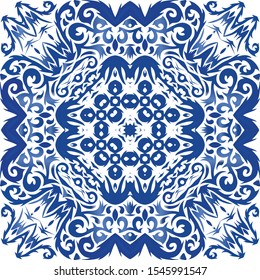 Antique azulejo tiles patchwork. Vector seamless pattern collage. Hand drawn design. Blue spain and portuguese decor for bags, smartphone cases, T-shirts, linens or scrapbooking.