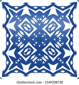 Antique azulejo tiles patchwork. Vector seamless pattern watercolor. Colored design. Blue spain and portuguese decor for bags, smartphone cases, T-shirts, linens or scrapbooking.