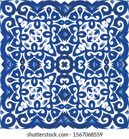 Antique azulejo tiles patchwork. Vector seamless pattern illustration. Original design. Blue spain and portuguese decor for bags, smartphone cases, T-shirts, linens or scrapbooking.