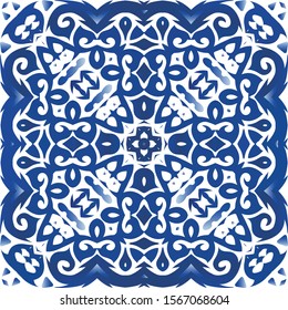 Antique azulejo tiles patchwork. Vector seamless pattern template. Minimal design. Blue spain and portuguese decor for bags, smartphone cases, T-shirts, linens or scrapbooking.