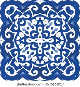 Antique azulejo tiles patchwork. Vector seamless pattern arabesque. Fashionable design. Blue spain and portuguese decor for bags, smartphone cases, T-shirts, linens or scrapbooking.