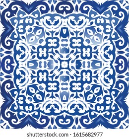 Antique azulejo tiles patchwork. Vector seamless pattern frame. Stylish design. Blue spain and portuguese decor for bags, smartphone cases, T-shirts, linens or scrapbooking.