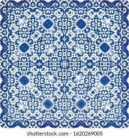 Antique azulejo tiles patchwork. Vector seamless pattern arabesque. Modern design. Blue spain and portuguese decor for bags, smartphone cases, T-shirts, linens or scrapbooking.