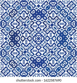 Antique azulejo tiles patchwork. Vector seamless pattern frame. Universal design. Blue spain and portuguese decor for bags, smartphone cases, T-shirts, linens or scrapbooking.