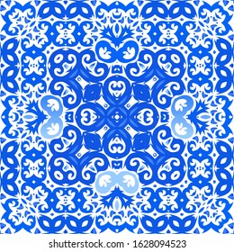 Antique azulejo tiles patchwork. Vector seamless pattern theme. Bathroom design. Blue spain and portuguese decor for bags, smartphone cases, T-shirts, linens or scrapbooking.