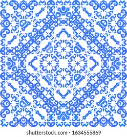 Antique azulejo tiles patchwork. Vector seamless pattern theme. Bathroom design. Blue spain and portuguese decor for bags, smartphone cases, T-shirts, linens or scrapbooking.